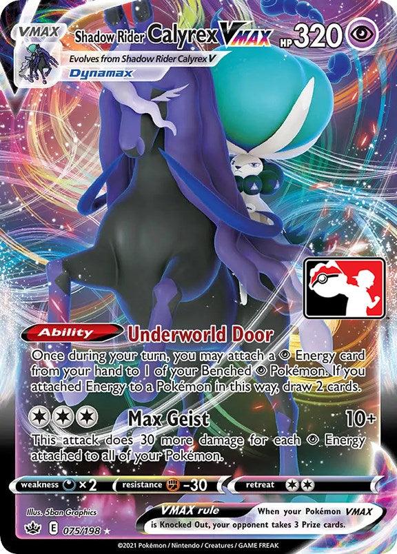 The Pokémon trading card, Shadow Rider Calyrex VMAX (075/198) from Prize Pack Series One, features 320 HP and is classified as an Ultra Rare card. It includes the abilities "Underworld Door" and "Max Geist." The design is dynamic, showcasing Calyrex on a spectral steed with vibrant colors and mystical effects. This Psychic-type card is number 75 out of 198 in its series.