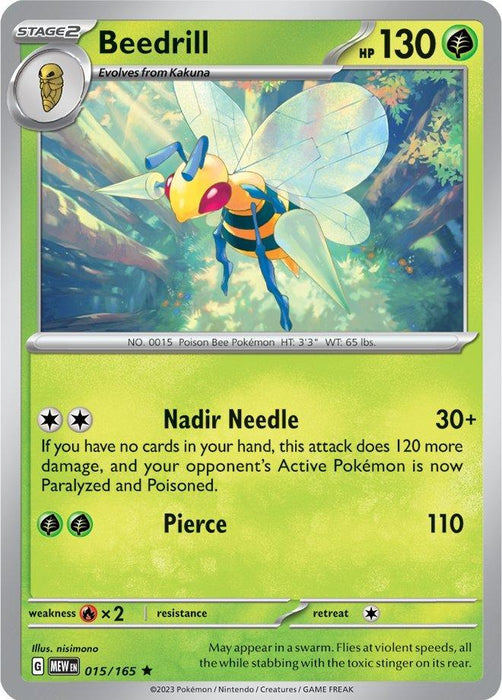 A rare Beedrill (015/165) [Scarlet & Violet: 151] Pokémon card with "HP 130." The primarily green card features a bee-like creature with large wings and stingers as arms, set in a forest. It includes stats and abilities: "Nadir Needle" and "Pierce," evolves from Kakuna, and belongs to the Grass type in the Scarlet & Violet series. Card number is 015/165.
