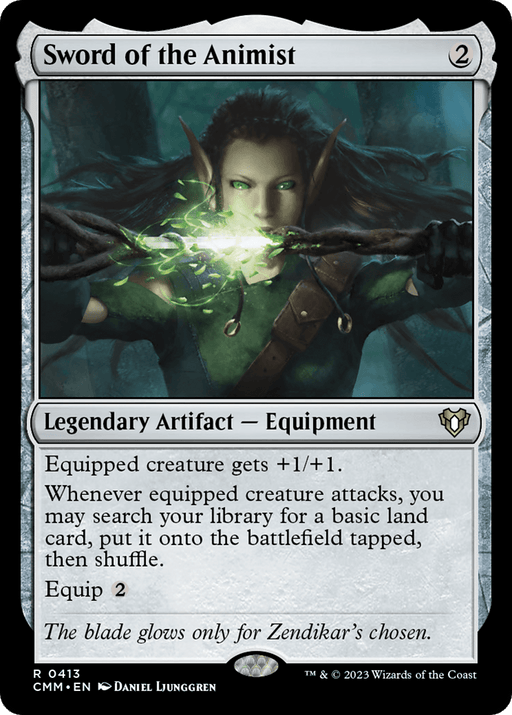 A Magic: The Gathering card titled "Sword of the Animist [Commander Masters]." The illustration depicts an elf character wielding a glowing green sword. This Legendary Artifact's text says: "Equipped creature gets +1/+1. Whenever equipped creature attacks, you may search your library for a basic land card, put it onto the battlefield tapped, then shuffle. Equip 2." The flavor text reads,