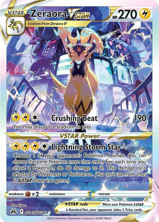 A Pokémon card features the Ultra Rare Zeraora VSTAR (GG43/GG70) [Sword & Shield: Crown Zenith] with 270 HP from the Sword & Shield: Crown Zenith series. The electric-style card shows Zeraora in a dynamic pose surrounded by electrical energy, with attacks: Crushing Beat (190 damage) and VSTAR Power - Lightning Storm Star. Card details like weakness, resistance, retreat cost, and regulation mark are present.