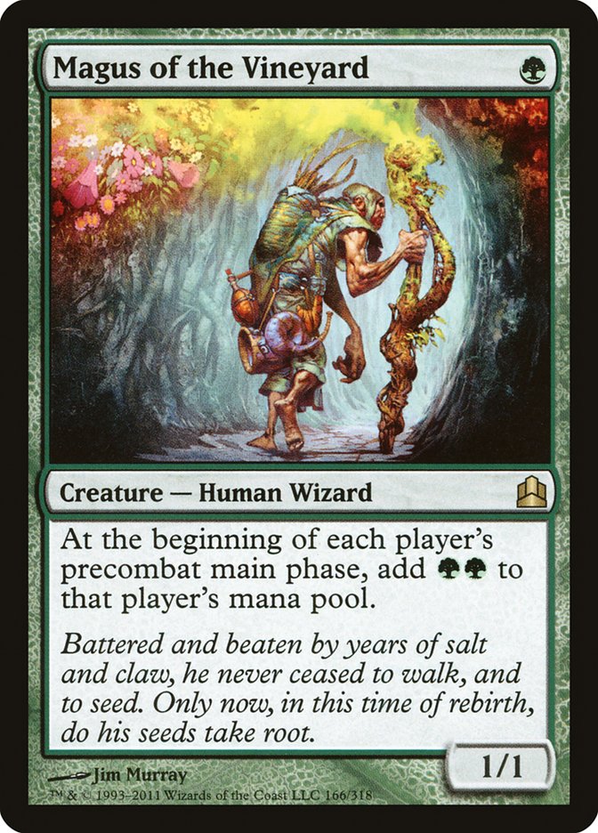 The "Magus of the Vineyard" card from the Magic: The Gathering Commander 2011 set showcases a Rare, green-bordered fantasy card. It depicts a Creature — Human Wizard, featuring an elderly wizard carrying a basket of grapes and a walking stick through an enchanting forest. This green creature card has 1/1 stats and includes a unique mana ability beneath the illustration.