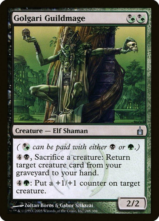 A Magic: The Gathering creature card titled Golgari Guildmage [Ravnica: City of Guilds]. It depicts a skeletal Elf Shaman with vines, wearing green robes. From the Ravnica: City of Guilds set, its mana cost is either black or green. It can sacrifice a creature to return a card from the graveyard and add a +1/+1 counter to another creature. It's a 2/