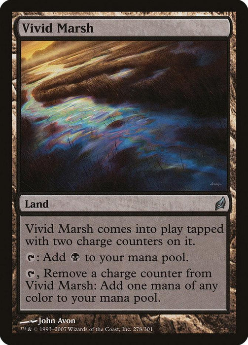 A Magic: The Gathering card titled "Vivid Marsh [Lorwyn]." The image depicts a dark, swampy landscape with colorful, reflective water under a cloudy sky. The Land card has text detailing its abilities to add black mana or any color mana by removing charge counters. Illustrated by John Avon.