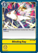 The Digimon card "Blinding Ray," belonging to the Great Legend series, has no cost and features an image of a white armored creature emitting a bright ray among vibrant beams. The card's text states: "Main: Trash the top card of your security stack. Then, gain 2 memory." Its number is BT4-104.