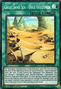 The image is a Yu-Gi-Oh! Field Spell Card titled "Great Sand Sea - Gold Golgonda [BLVO-EN055] Super Rare." The card features an arid desert landscape with sprawling sands, rocky formations, and skeletal remains. The detailed card text below describes its effects, which support Springans Xyz Monsters. The design includes the border and layout typical of Yu-Gi-Oh! cards.
