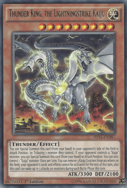 A Yu-Gi-Oh! trading card titled "Thunder King, the Lightningstrike Kaiju [SHVI-EN087] Rare" from the Shining Victories series. The card depicts a dragon-like creature with metallic armor, glowing yellow eyes, and electrical energy surrounding it. This powerful Effect Monster boasts ATK 3300 and DEF 2100, with its effects displayed below the image.