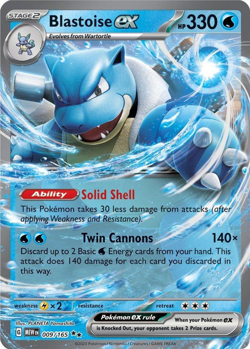 A Pokémon Blastoise ex (009/165) [Scarlet & Violet: 151] from the Scarlet & Violet: 151 series featuring Blastoise ex, boasting 330 HP and evolving from Wartortle. Its Ability "Solid Shell" reduces damage taken by 30. The attack "Twin Cannons" deals 140 damage per discarded Water Energy card. It’s a Double Rare holographic card with blue-themed artwork.

Brand Name: Pokémon