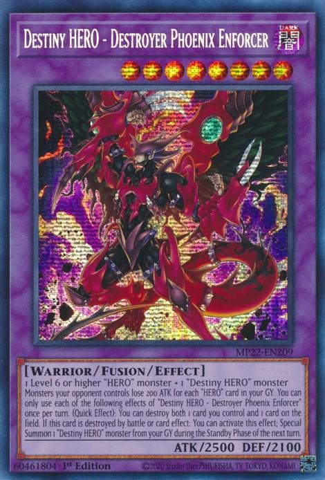 A Yu-Gi-Oh! trading card titled "Destiny HERO - Destroyer Phoenix Enforcer [MP22-EN209] Prismatic Secret Rare" with a purple border. This Prismatic Secret Rare card features a dark armored warrior with wings, equipped with fiery red and orange elements. It includes text describing special abilities and summoning requirements, with stats ATK 2500 and DEF 2100.