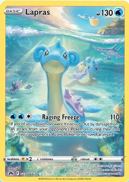 A Pokémon card from the Sword & Shield series featuring Lapras, a blue aquatic Pokémon with a shell. Labeled as Lapras (GG05/GG70) [Sword & Shield: Crown Zenith], it showcases the move "Raging Freeze" dealing 110 damage. The card’s HP is 130, and its weakness is to Electric-type. The backdrop beautifully illustrates an ocean setting.

Brand Name: Pokémon