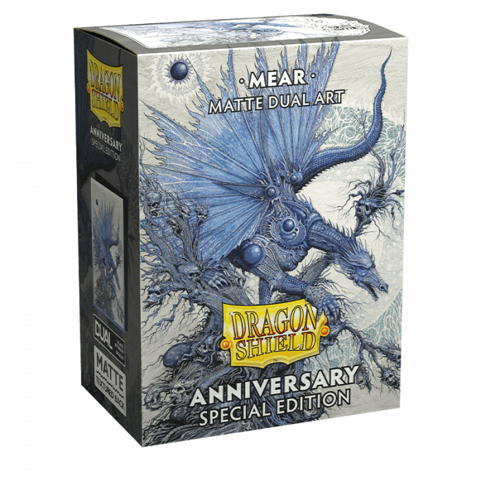 A detailed image of an Arcane Tinmen Dragon Shield: Standard 100ct Sleeves - Special Anniversary - Mear (Dual Matte) box for a special anniversary release. The box features intricate artwork of a blue dragon with expansive wings set against a textured background. The box text reads, "Dual Matte sleeves," and the "Anniversary Special Edition" for TCG cards.