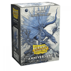 A detailed image of an Arcane Tinmen Dragon Shield: Standard 100ct Sleeves - Special Anniversary - Mear (Dual Matte) box for a special anniversary release. The box features intricate artwork of a blue dragon with expansive wings set against a textured background. The box text reads, "Dual Matte sleeves," and the "Anniversary Special Edition" for TCG cards.