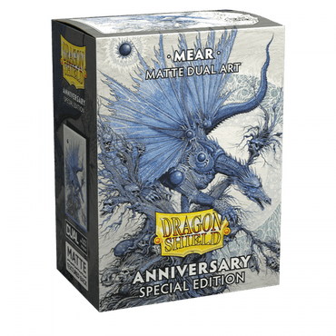 A detailed image of an Arcane Tinmen Dragon Shield: Standard 100ct Sleeves - Special Anniversary - Mear (Dual Matte) box for a special anniversary release. The box features intricate artwork of a blue dragon with expansive wings set against a textured background. The box text reads, "Dual Matte sleeves," and the "Anniversary Special Edition" for TCG cards.