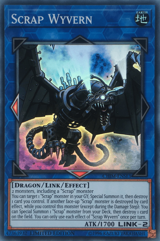 A Yu-Gi-Oh! trading card titled "Scrap Wyvern [CHIM-ENSE1] Super Rare" from the Chaos Impact set. It depicts a mechanical dragon with sharp claws, wings, and a spiked tail. The card has blue borders and displays its type as "Dragon/Link/Effect Monster." The card has 1700 ATK and is a LINK-2 with the card number CHIM-EN051