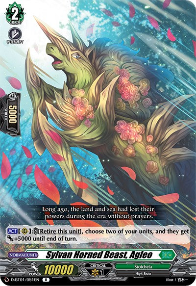 A rare, fantastical card from Bushiroad features a majestic, green High Beast adorned with a prominent horn and covered in flowers and foliage. Pink petals float around it against a vibrant background. Text below describes the creature's abilities and attributes, including a power of 10000 and critical of 1. The card is named "Sylvan Horned Beast, Agleo (D-BT01/051EN)" from the Genesis of the Five Greats collection.