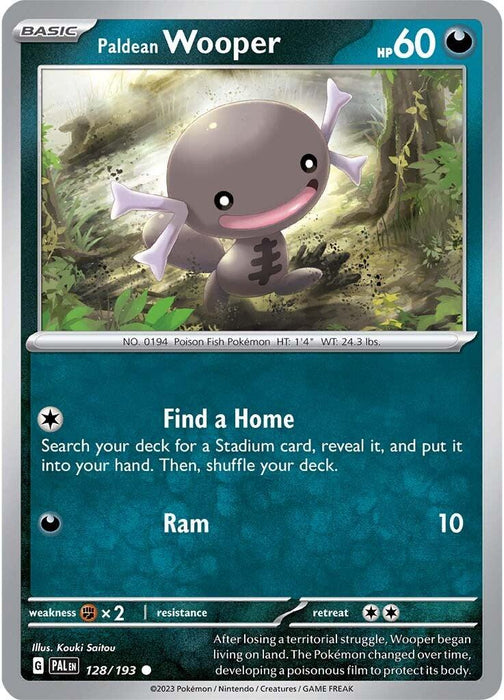 A Pokémon trading card featuring Paldean Wooper (128/193) [Scarlet & Violet: Paldea Evolved] from the Pokémon series. This Basic card has 60 HP and displays Wooper, a brown, axolotl-like creature with large eyes and branching gills, set in a forest background. It has two moves: "Find a Home" and "Ram" (10). Additional details and game statistics are at the bottom.