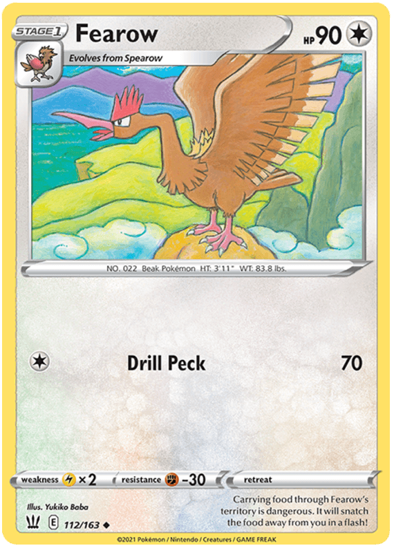 A Pokémon trading card for Fearow (112/163) [Sword & Shield: Battle Styles] from the Battle Styles set. Fearow is depicted as a large bird with brown feathers and a long, pointed beak, flying in front of colorful hills. The card features its stats: HP 90, type Colorless, Weakness x2 to lightning, Resistance -30 to fighting, and Retreat cost 1. The attack 