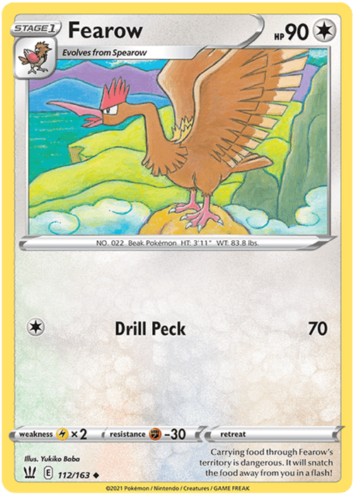 A Pokémon trading card for Fearow (112/163) [Sword & Shield: Battle Styles] from the Battle Styles set. Fearow is depicted as a large bird with brown feathers and a long, pointed beak, flying in front of colorful hills. The card features its stats: HP 90, type Colorless, Weakness x2 to lightning, Resistance -30 to fighting, and Retreat cost 1. The attack "Drill Peck" deals