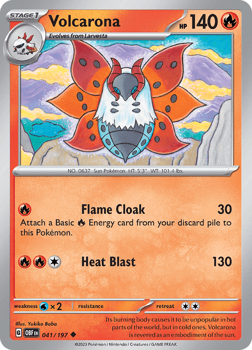 The image shows a Pokémon Volcarona (041/197) [Scarlet & Violet: Obsidian Flames] card. Volcarona is depicted as a moth-like creature with fiery, orange wings accented by black spots, hovering above a rocky landscape. The card details include HP 140, moves Flame Cloak (30 damage) and Heat Blast (130 damage), and artist credit to Yukiko Baba.