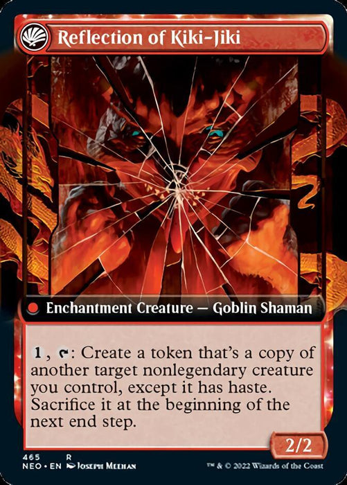 A "Fable of the Mirror-Breaker // Reflection of Kiki-Jiki (Extended Art) [Kamigawa: Neon Dynasty]" Rare Magic: The Gathering card from Kamigawa: Neon Dynasty, featuring a red Enchantment Creature - Goblin Shaman with a shattered mirror effect. It creates a hasty token copy of another nonlegendary creature you control, sacrificed at the next end step. The art depicts a ferocious goblin with intense eyes and sharp teeth.