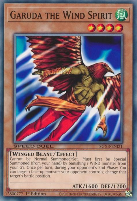 A Yu-Gi-Oh! trading card titled "Garuda the Wind Spirit [SGX3-ENI21] Common." It features an illustration of a winged human-like creature with brown feathers, red wings, and wind-swept hair flying through the sky. This Speed Duel GX Effect Monster showcases "Winged Beast/Effect," ATK 1600, DEF 1200, and card effects at the bottom.