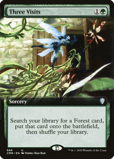 A Magic: The Gathering card from Commander Legends titled "Three Visits (Extended Art) [Commander Legends]" with a green border. Costing one generic mana and one green mana, this sorcery's artwork displays two mystical creatures in a lush forest. The text reads: "Search your library for a Forest card, put that card onto the battlefield, then shuffle your library.