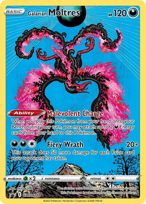 A Pokémon trading card featuring Galarian Moltres (SWSH284) [Sword & Shield: Black Star Promos] with a dark, fiery design. Part of the Sword & Shield Black Star Promos, this card has 120 HP and two abilities: "Malevolent Charge" and "Fiery Wrath." A bright blue background highlights vibrant art of Moltres. Includes retreat, weakness, and resistance info in English.