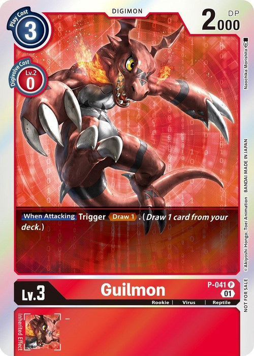 The Guilmon [P-041] (Gen Con 2022) [Promotional Cards] from the Digimon Trading Card Game is a Rookie-level card featuring an image of Guilmon, a red dinosaur-like creature with claws, digital markings, and the Digimon logo. It has a play cost of 3, 2000 DP, and abilities including triggering "Draw 1" when attacking. The card is labeled "Lv.3".