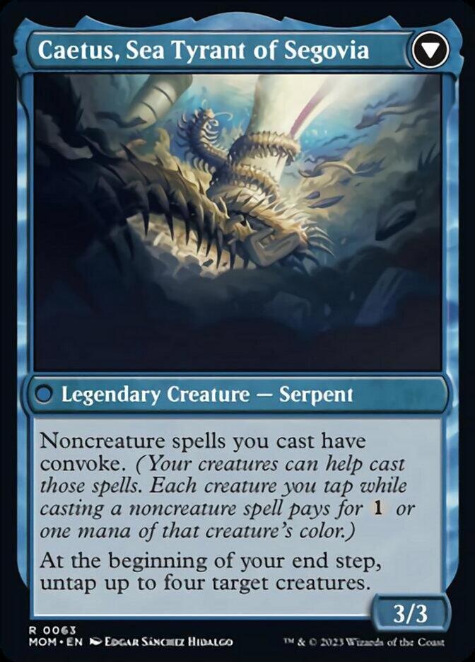 A Magic: The Gathering card titled "Invasion of Segovia // Caetus, Sea Tyrant of Segovia [March of the Machine]" features a large sea serpent with fins and a glowing mouth in an underwater scene. This blue "Legendary Creature – Serpent" supports casting noncreature spells, untapping target creatures, and creating Kraken creature tokens during the Invasion of Segovia.