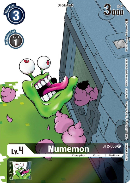 A Digimon trading card from the 25th Special Memorial Pack, featuring Numemon [BT2-056] (Release Special Booster Promos). This Champion-level card showcases Numemon, a green slug-like creature with a single eye stalk and pink poop projectiles. It has a play cost of 3, an evolution cost of 1 from level 3, 3000 DP, is Virus type with a Mollusk trait.