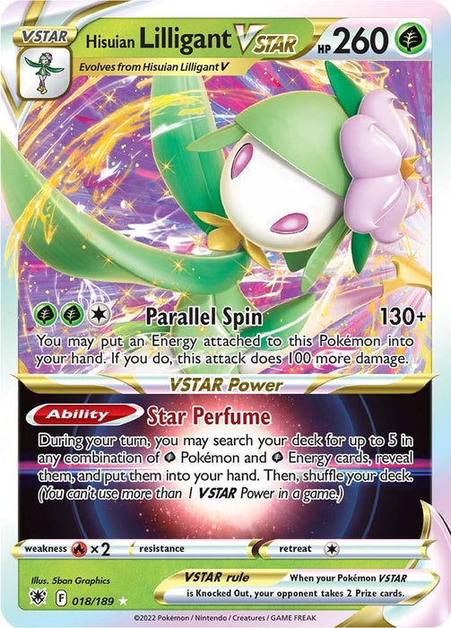 A Pokémon trading card from the Astral Radiance set features Hisuian Lilligant VSTAR (018/189) [Sword & Shield: Astral Radiance]. With 260 HP, it boasts the move "Parallel Spin," dealing 130+ damage. Its VSTAR Power ability is "Star Perfume." The grass-type card has holofoil accents and is an Ultra Rare marked "018/189.