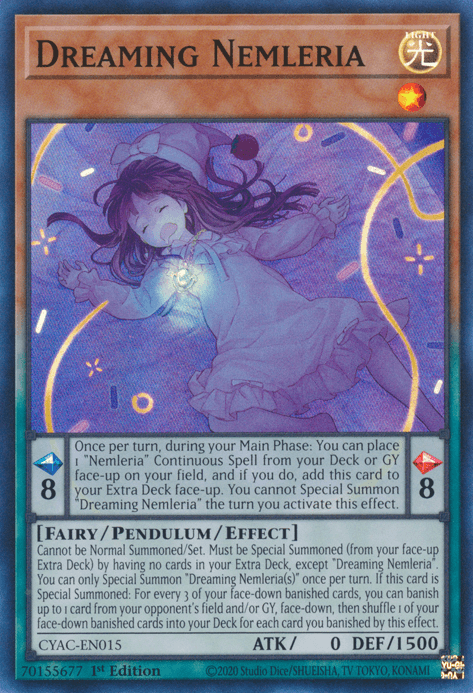 The image is a Yu-Gi-Oh! trading card titled "Dreaming Nemleria [CYAC-EN015] Super Rare." It features a smiling young girl in a nightgown surrounded by floating, translucent pillows. As a Pendulum Monster from the Cyberstorm Access series, it has blue and purple borders, various stats and effects in text boxes, and is labeled as 1st edition with a serial number at the bottom.