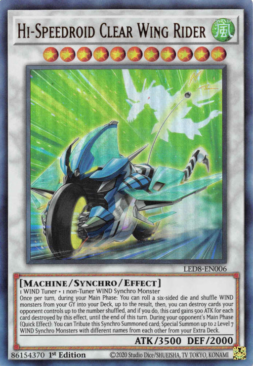 The image shows a Yu-Gi-Oh! trading card named "Hi-Speedroid Clear Wing Rider [LED8-EN006] Ultra Rare," an Ultra Rare Synchro Monster. Set against a white background, it features a futuristic blue motorcycle with wings and green accents in the center. The card has 3500 ATK, 2000 DEF, and an ID of 86154370.