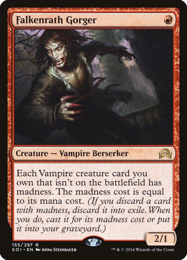 The image showcases a Magic: The Gathering card, "Falkenrath Gorger" from the "Shadows over Innistrad" set. It features a vampire berserker with wild hair and sharp teeth, highlighted by its red border. The card includes text about madness cost mechanics and is numbered 155/297, with an attack score of 2 and a defense score of 1.