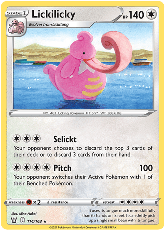 A rare **Lickilicky (114/163) [Sword & Shield: Battle Styles]** Pokémon trading card with yellow borders from the Sword & Shield Battle Styles series. **Lickilicky (114/163) [Sword & Shield: Battle Styles]** is in a serene water setting, using its long tongue to scoop water. The card details show it has 140 HP, is a Stage 1 Pokémon, and includes the moves 