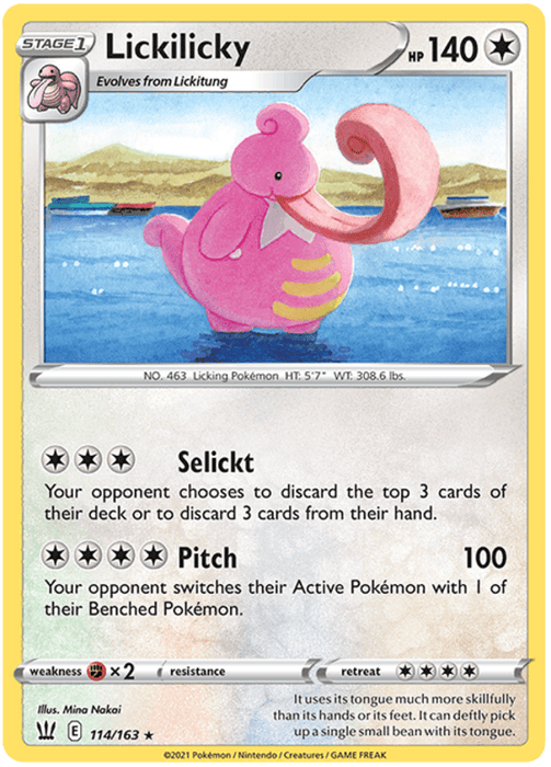 A rare **Lickilicky (114/163) [Sword & Shield: Battle Styles]** Pokémon trading card with yellow borders from the Sword & Shield Battle Styles series. **Lickilicky (114/163) [Sword & Shield: Battle Styles]** is in a serene water setting, using its long tongue to scoop water. The card details show it has 140 HP, is a Stage 1 Pokémon, and includes the moves "Selickt" and "Pitch." The illustration is by Mina Nakai.
