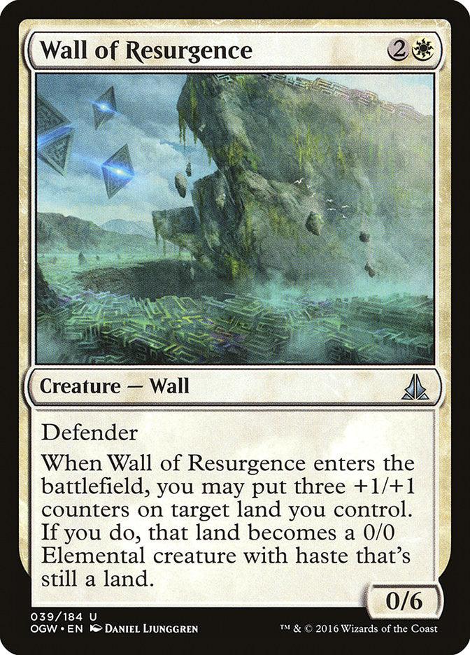 The illustration showcases a Magic: The Gathering card titled "Wall of Resurgence" from the Oath of the Gatewatch set. This card requires 2 colorless and 1 white mana to play. It features an Elemental creature with 0/6 power and toughness, possessing the Defender ability. The artwork depicts a massive rocky wall amidst a misty, verdant landscape.