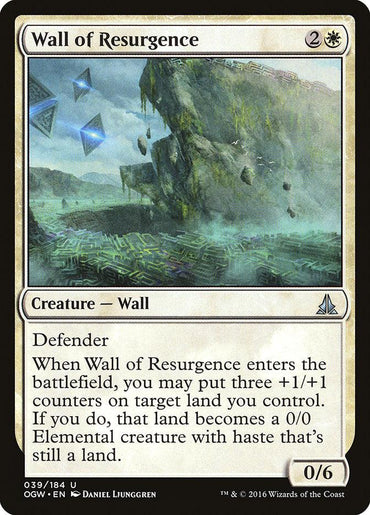 The illustration showcases a Magic: The Gathering card titled "Wall of Resurgence" from the Oath of the Gatewatch set. This card requires 2 colorless and 1 white mana to play. It features an Elemental creature with 0/6 power and toughness, possessing the Defender ability. The artwork depicts a massive rocky wall amidst a misty, verdant landscape.