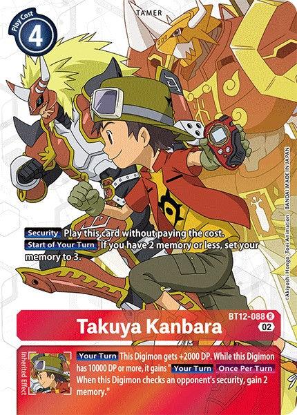 A Digimon Takuya Kanbara [BT12-088] (Alternate Art) [Across Time] trading card features Takuya Kanbara, a young Tamer in a red jacket and green cap, riding a large fiery dragon-like Digimon. Text on the card includes play instructions and character abilities. Marked BT12-088, it has various stats and features highlighted in colored boxes as they battle Across Time.