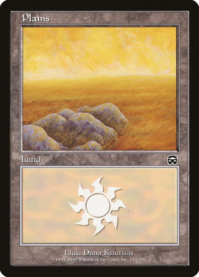 A "Magic: The Gathering" card titled "Plains (333) [Mercadian Masques]" by illustrator Dana Knutson. The card features a serene landscape with golden fields stretching into the horizon under a soft, glowing sky. As a Basic Land, it contains a sun icon indicating its use for generating white mana.