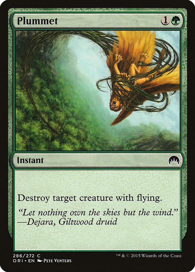 The Magic: The Gathering card "Plummet" from the Magic Origins set features a green border and an illustration of a winged creature ensnared by green vines, plummeting downward. Its text reads, "Destroy target creature with flying," accompanied by the quote, "Let nothing own the skies but the wind." - Dejara, Giltwood druid.