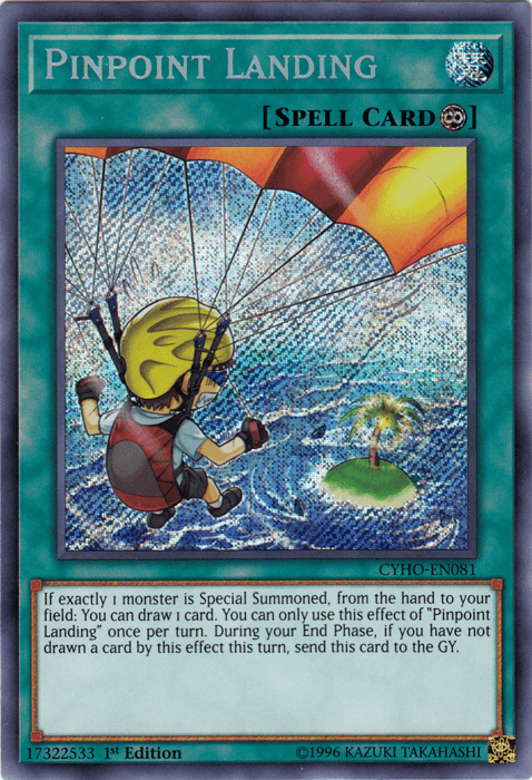 A "Yu-Gi-Oh!" trading card titled Pinpoint Landing [CYHO-EN081] Secret Rare from the Cybernetic Horizon set. It features an illustration of a person with a yellow helmet and backpack, parachuting towards a small island with a palm tree and water surrounding it. This Continuous Spell card has a turquoise border typical of Spell Cards.