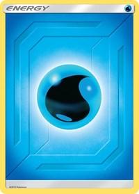 A Pokémon trading card featuring a Basic Water Energy symbol. The card has a blue background with a black water drop icon in the center surrounded by a light blue glow. The words "ENERGY" are printed at the top with a small blue water icon in the upper right corner. Part of the Sun & Moon series, it has a yellow border. This is the Pokémon Water Energy (2019 Unnumbered) [Sun & Moon: Team Up] trading card.