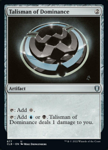 The image shows a Magic: The Gathering card named Talisman of Dominance [Commander Legends: Battle for Baldur's Gate]. Featured in Commander Legends: Battle for Baldur's Gate, this artifact card requires 2 colorless mana to cast. Its abilities allow you to tap for 1 colorless mana or tap for Blue or Black mana at the cost of dealing 1 damage to yourself.