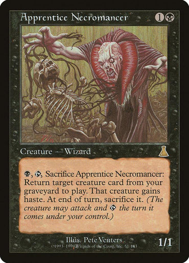 A Magic: The Gathering card from Urza's Destiny titled "Apprentice Necromancer [Urza's Destiny]." The card shows an eerie hooded figure, a Zombie Wizard, raising a skeletal being from the grave. It costs 1 black mana and 1 generic mana. Text reads: "{B}{T}, Sacrifice Apprentice Necromancer: Return target creature card from your graveyard to