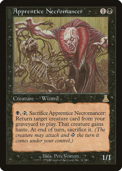 A Magic: The Gathering card from Urza's Destiny titled "Apprentice Necromancer [Urza's Destiny]." The card shows an eerie hooded figure, a Zombie Wizard, raising a skeletal being from the grave. It costs 1 black mana and 1 generic mana. Text reads: "{B}{T}, Sacrifice Apprentice Necromancer: Return target creature card from your graveyard to