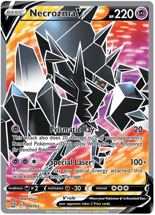 A Pokémon Necrozma V (149/163) [Sword & Shield: Battle Styles] trading card. It has 220 HP and two moves: Prismatic Ray (20 damage) and Special Laser (100+ damage). The artwork showcases Necrozma, a black crystalline Psychic-type Pokémon, against an abstract cosmic background. Numbered 149/163.