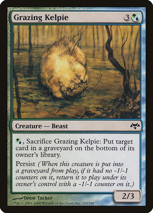 A Grazing Kelpie [Eventide] Magic: The Gathering card features a mystical kelpie with fuzzy tufts and an otherworldly appearance, grazing in a swampy, brown-toned wetland. The card displays the casting cost, creature type, power/toughness, and abilities like Persist in its text box.