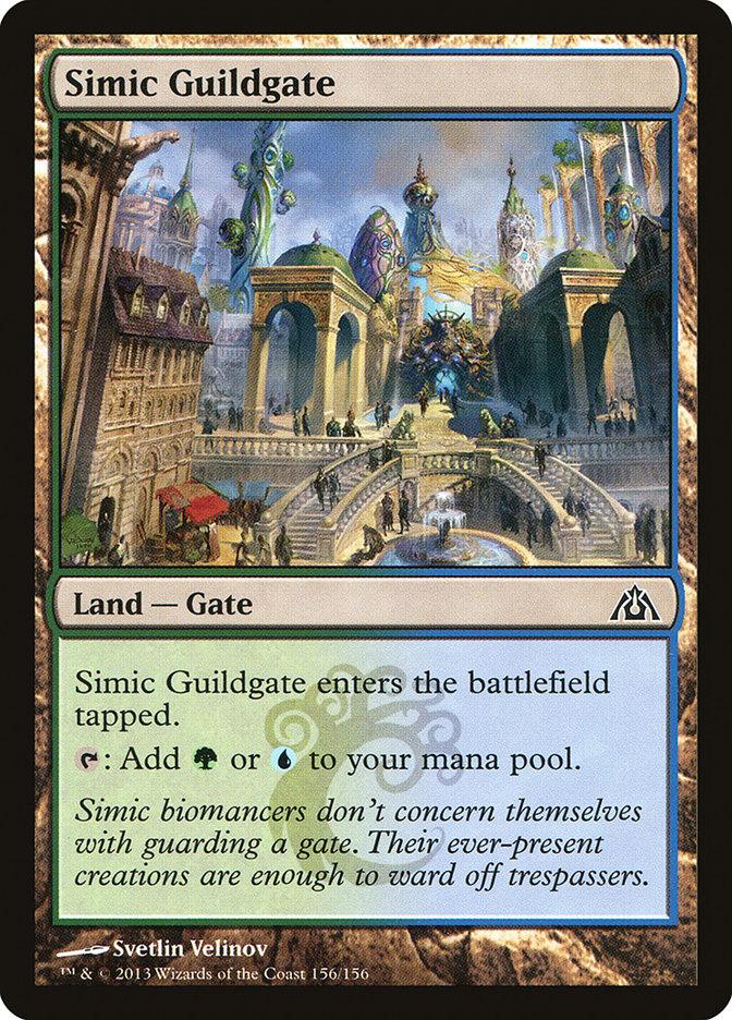 The card "Simic Guildgate [Dragon's Maze]" from Magic: The Gathering illustrates a vivid, futuristic city that blends nature and technology in its elaborate structures. As a Land — Gate, it includes a blue-green mana symbol and states, "Simic Guildgate enters the battlefield tapped," offering powerful mana generation capabilities.