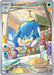 A rare Illustration Pokémon Trading Card of Quaxwell (207/193) [Scarlet & Violet: Paldea Evolved] from the Pokémon series, with 90 HP. Quaxwell, an avian-like blue Pokémon, is depicted with intense focus while pouring water from a kettle in a cozy kitchen. Its moves are "Water Gun" (30 damage) and "Wave Splash" (50 damage). The card is illustrated