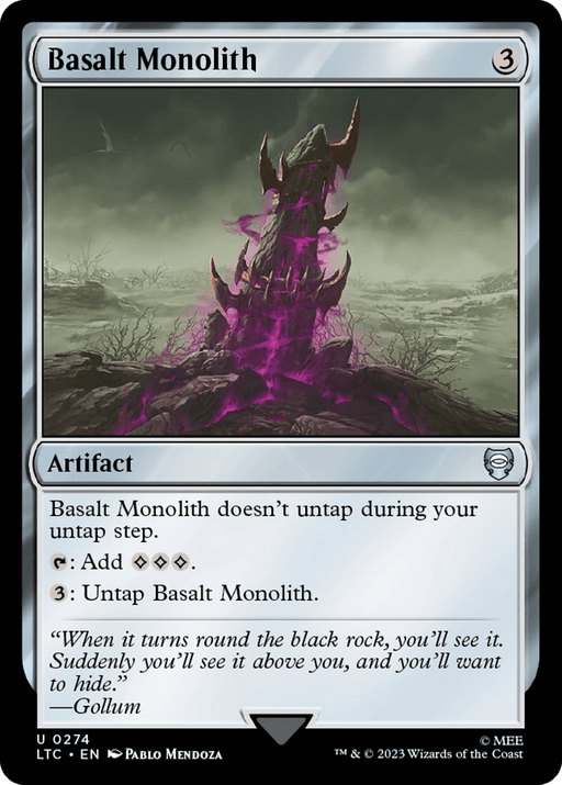 A Magic: The Gathering card titled "Basalt Monolith [The Lord of the Rings: Tales of Middle-Earth Commander]" with an artifact type. It shows a jagged, dark monolith emitting purple energy. The card costs 3 mana, taps for 3 colorless mana, and can be untapped for 3 mana. Flavor text from Gollum in Tales of Middle-Earth is included at the bottom.